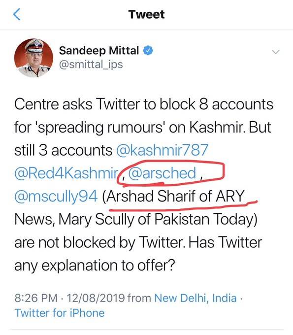 Indian government seeks removal of 8 Pakistani twitter accounts including ARY anchorperson Arshad Sharif