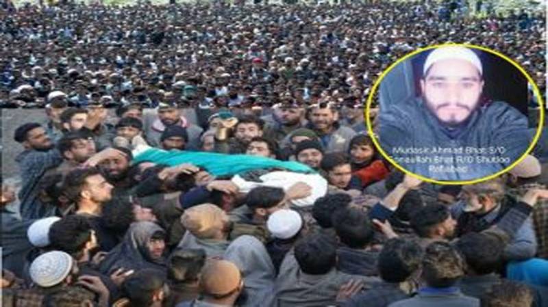 Thousands of Kashmiris defy curfew restrictions to attend funeral prayers of martyred youth Mudassir Ahmed Bhatti