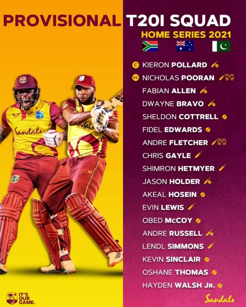 West Indies announces T20 squad for series against Pakistan