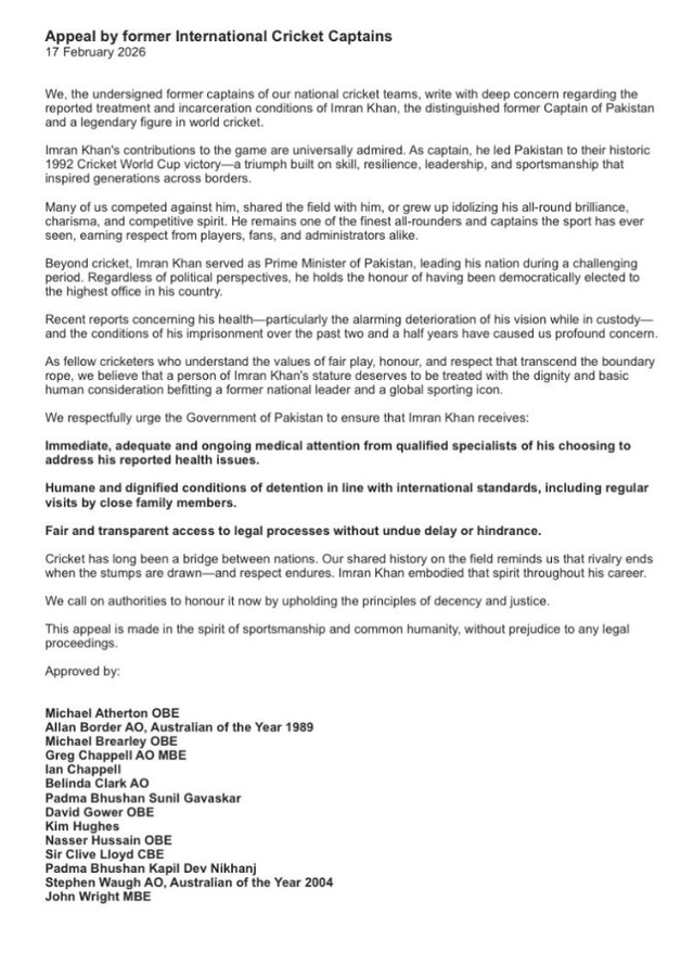 International cricket legends sign petition for jailed ex-PM Imran Khan