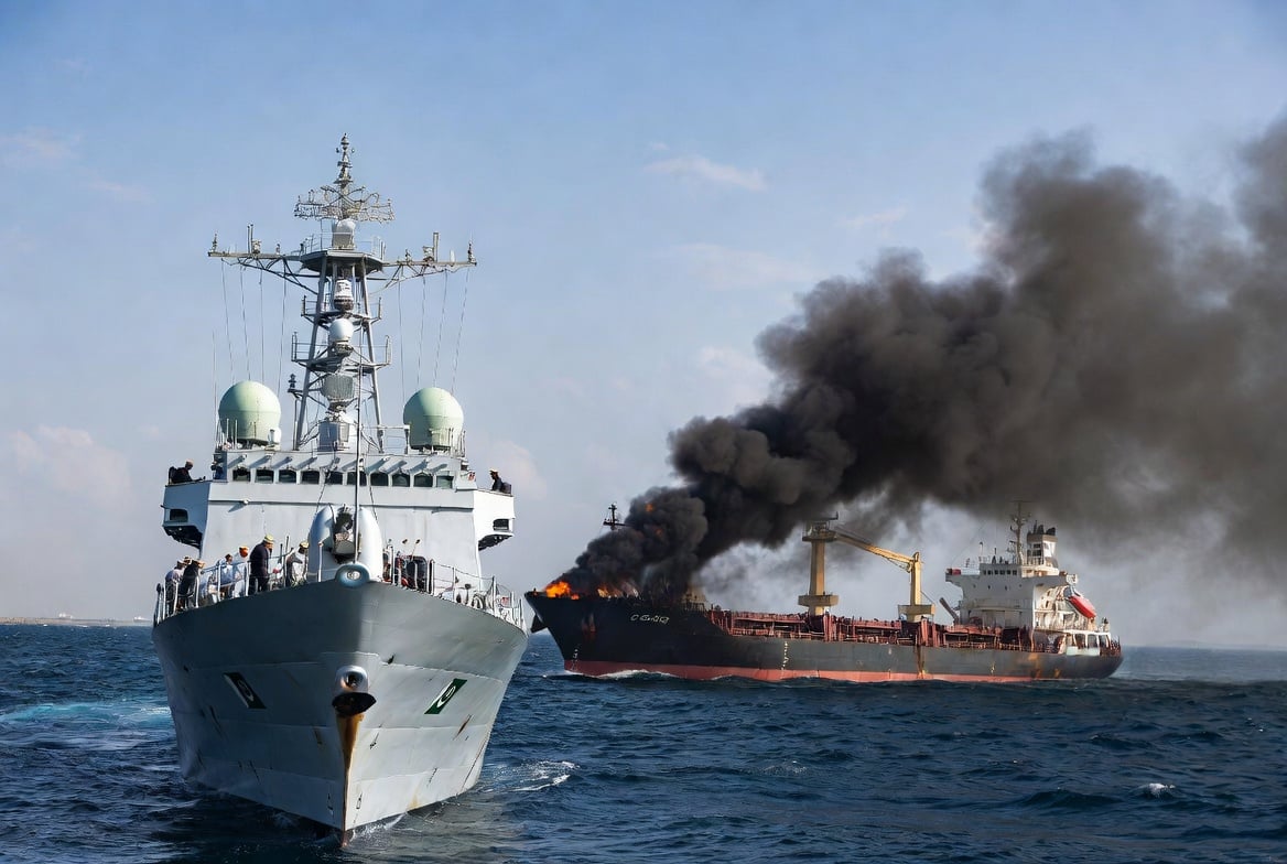 Pakistan Navy Swiftly Rescues Drones Attacked Merchant Ship Off Coast Oman
