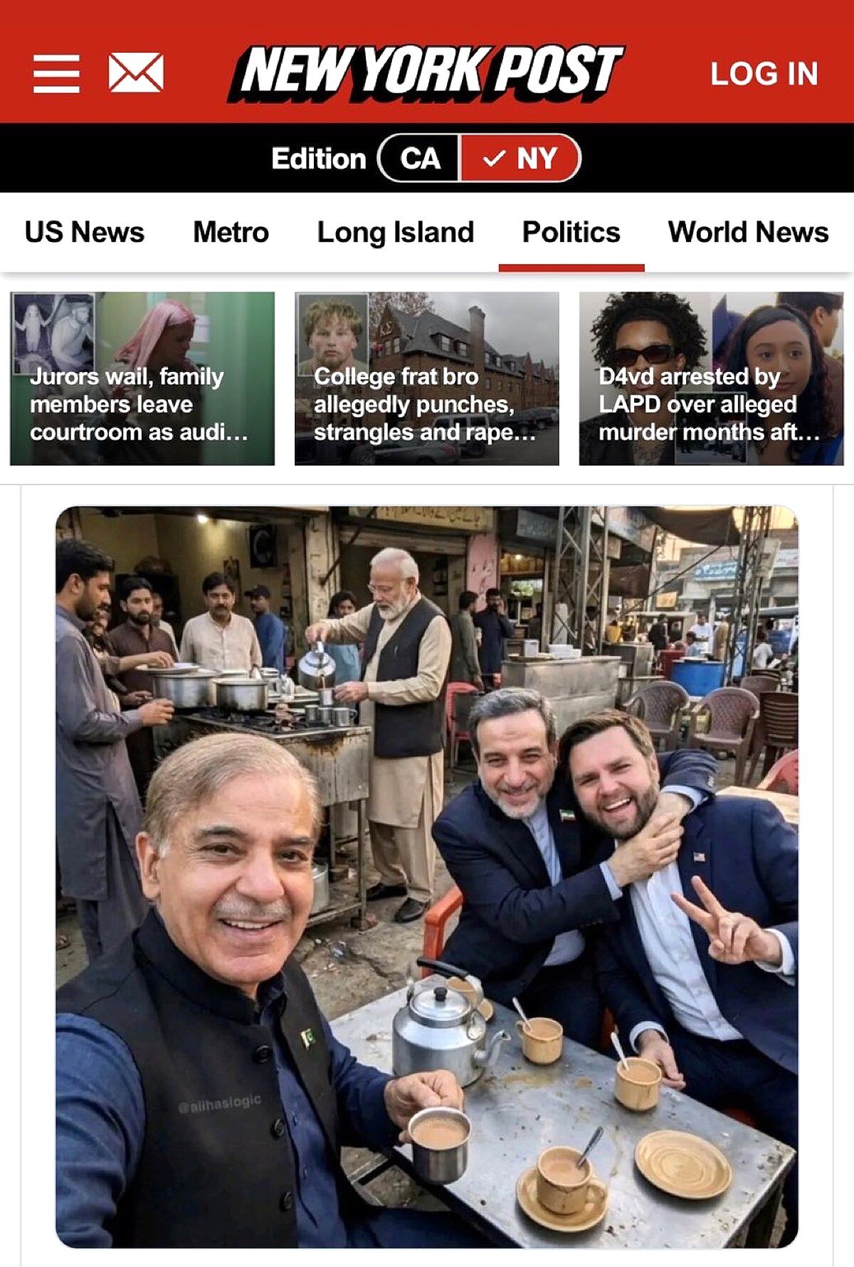 New York Post Meme: Modi Serves Tea to Vance, Sharif & Araghchi in Viral Islamabad Meme