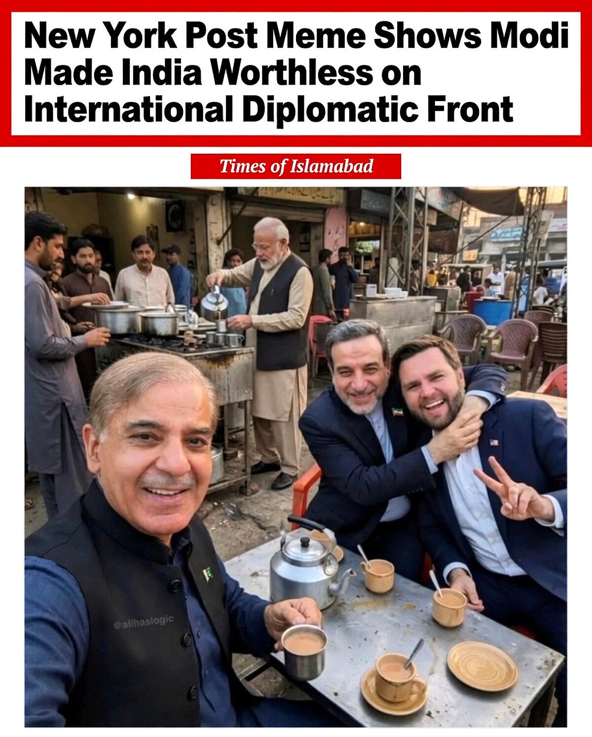 New York Post Meme: Modi Serves Tea to Vance, Sharif & Araghchi in Viral Islamabad Meme